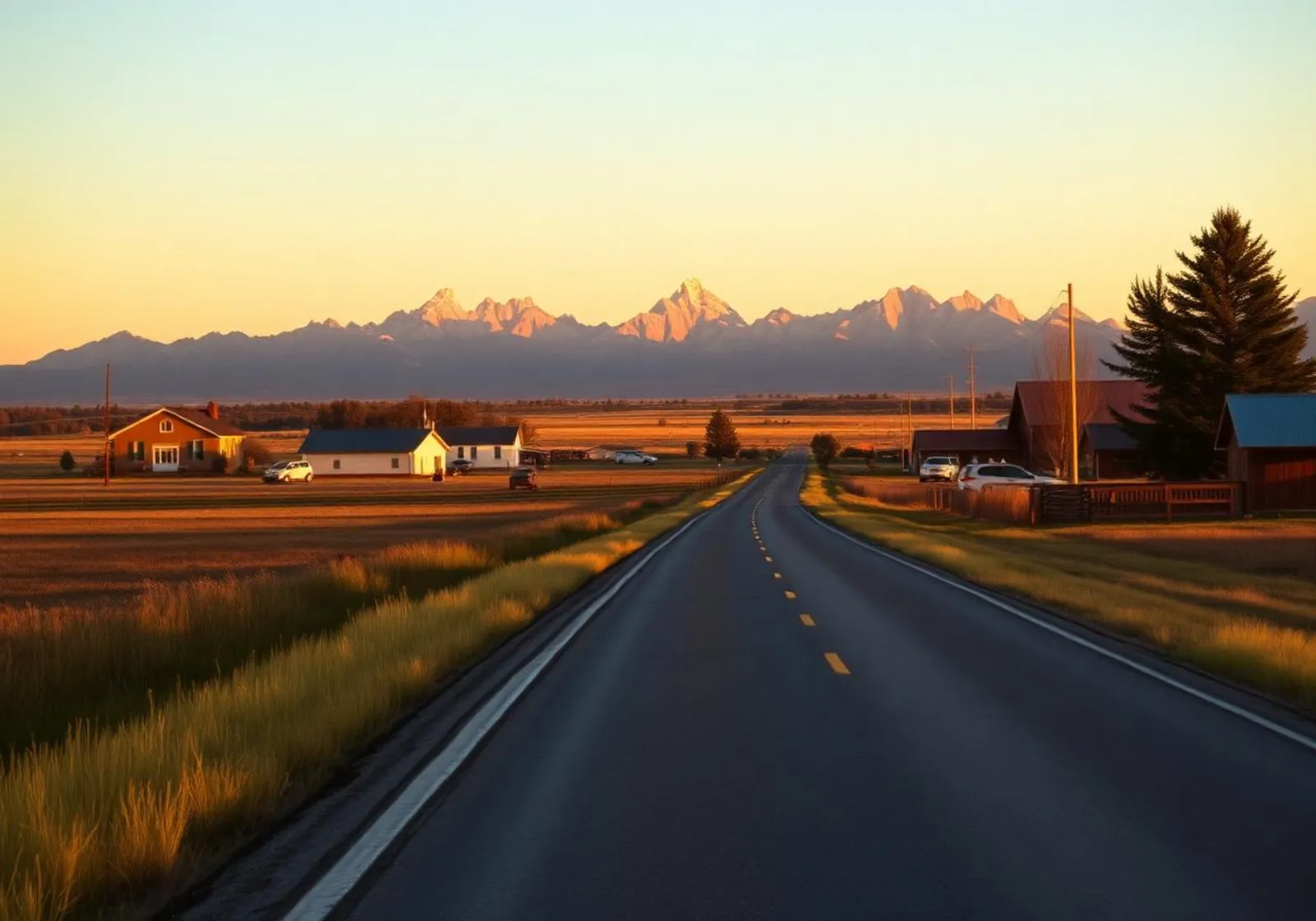 Country road near Rigby at golden hour with the Tetons on the horizon